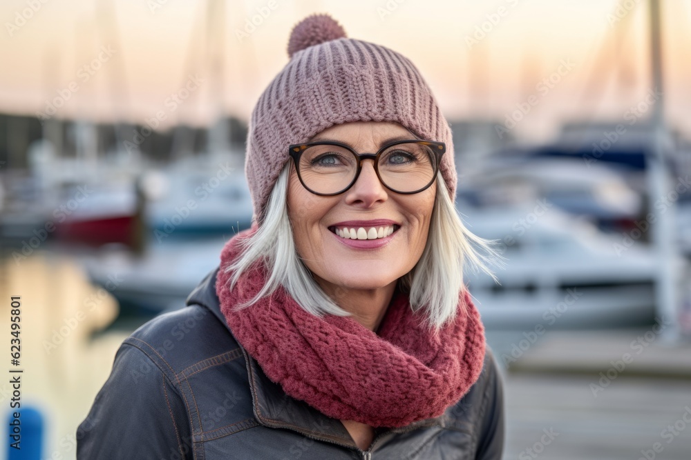 Studio portrait photography of a happy mature girl wearing a warm beanie or knit hat against a busy marina background. With generative AI technology Studio portrait photography of a happy mature girl wearing a warm beanie or knit hat against a busy marina background. With generative AI technology