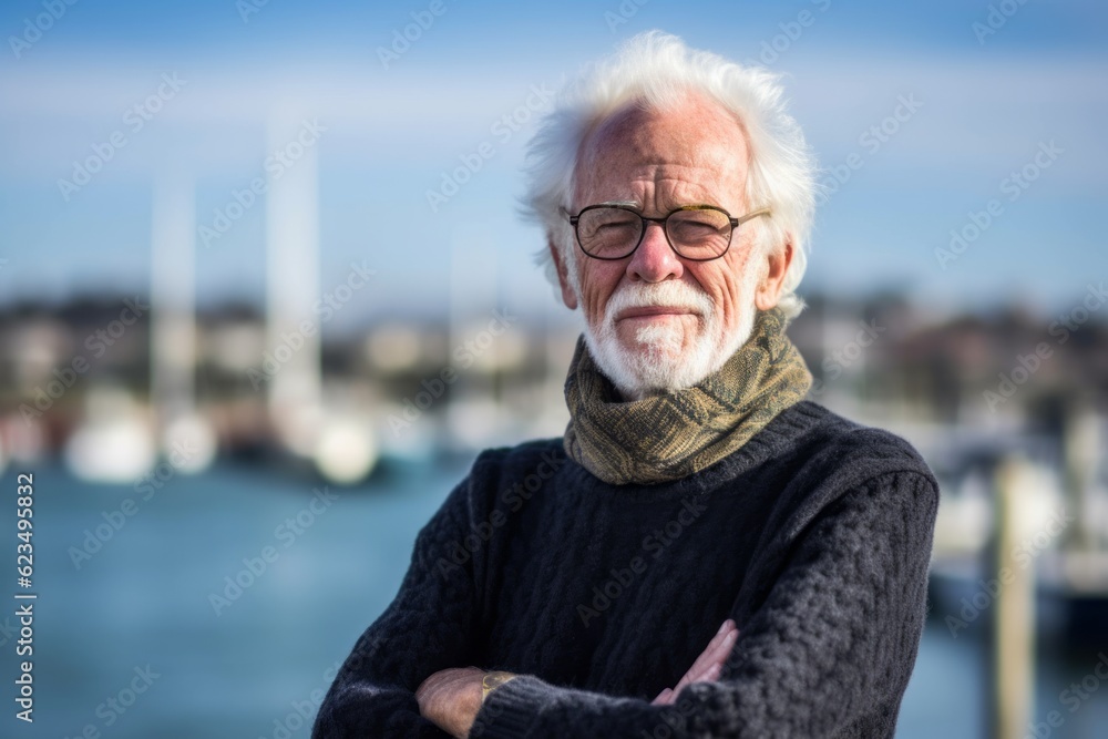 Urban fashion portrait photography of a glad old man wearing a classic turtleneck sweater against a busy marina background. With generative AI technology Urban fashion portrait photography of a glad old man wearing a classic turtleneck sweater against a busy marina background. With generative AI technology