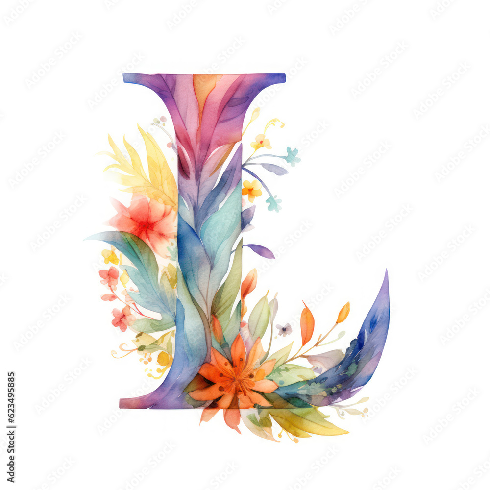 L Lettering Colorful letter L in ornate colourful watercolour feather illustration style ...