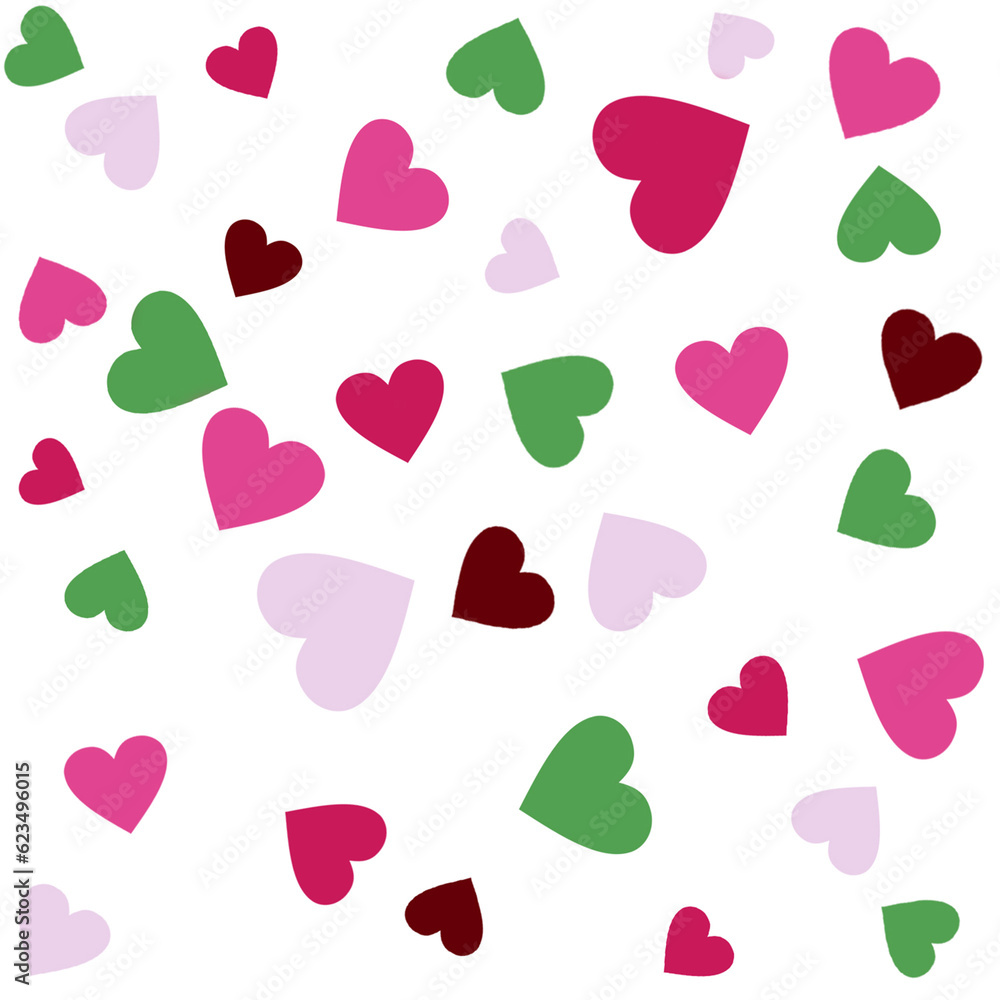 A pattern of hearts of different colors. Bright hearts for fabric, paper, gift boxes, postcards. Valentine's day. Children's pattern.Green and pink hearts. A pattern of hearts of different colors. Bright hearts for fabric, paper, gift boxes, postcards. Valentine's day. Children's pattern.Green and pink hearts.