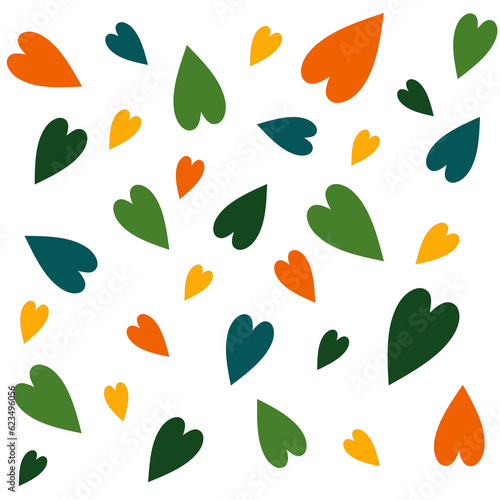 A pattern of hearts of different colors. Bright hearts for fabric, paper, gift boxes, postcards. Valentine's day. Children's pattern. Green and orange hearts.