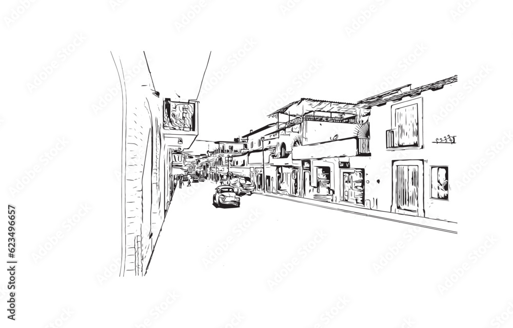 Obraz premium Building view with landmark of Puerto Vallarta city in Mexico. Hand drawn sketch illustration in vector.