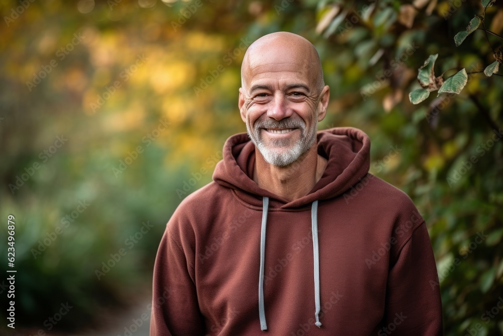 Eclectic portrait photography of a grinning mature man wearing a comfortable hoodie against a serene nature trail background. With generative AI technology Eclectic portrait photography of a grinning mature man wearing a comfortable hoodie against a serene nature trail background. With generative AI technology