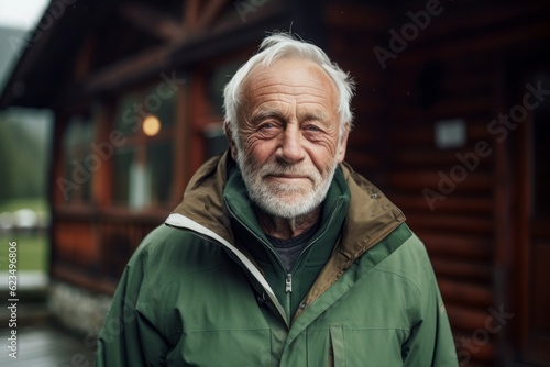 Studio portrait photography of a glad old man wearing a lightweight windbreaker against a cozy mountain lodge background. With generative AI technology © Markus Schröder