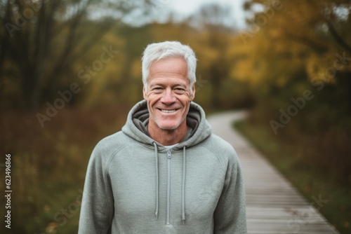 Eclectic portrait photography of a grinning mature man wearing a comfortable hoodie against a serene nature trail background. With generative AI technology
