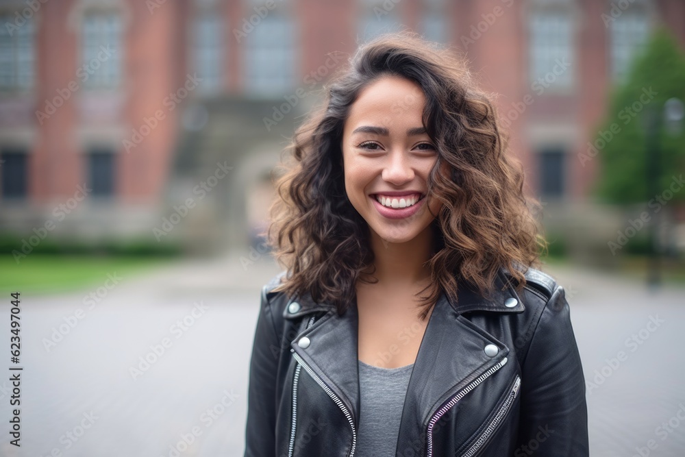 Fototapeta premium Editorial portrait photography of a happy girl in her 30s wearing a trendy leather jacket against a bustling university campus background. With generative AI technology