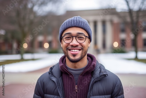 Editorial portrait photography of a glad boy in his 30s wearing a warm beanie or knit hat against a bustling university campus background. With generative AI technology