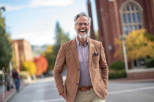 Casual fashion portrait photography of a happy mature man wearing a chic jumpsuit against a bustling university campus background. With generative AI technology