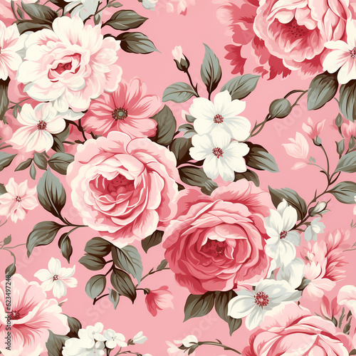 Shabby chic pink rose bouquet pattern. Seamless pattern and dense.