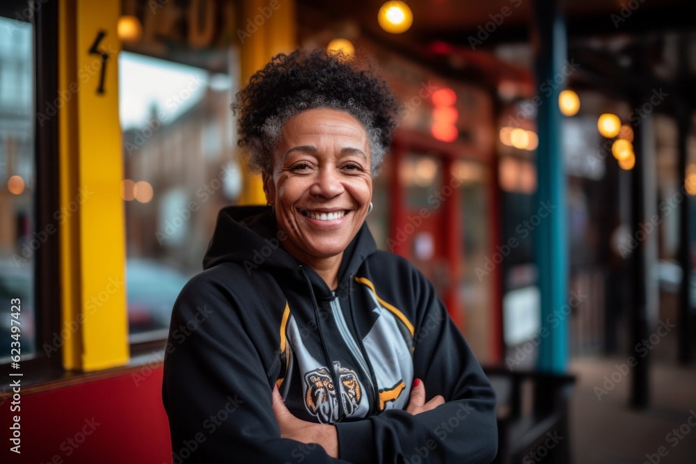 Fototapeta premium Environmental portrait photography of a happy mature woman wearing a comfortable tracksuit against a lively pub background. With generative AI technology