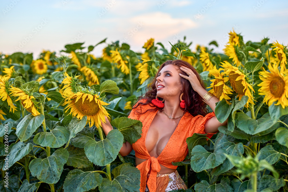 portrait of a beautiful woman near a field of sunflowers on a sunny day at sunset. portrait of a beautiful woman near a field of sunflowers on a sunny day at sunset.