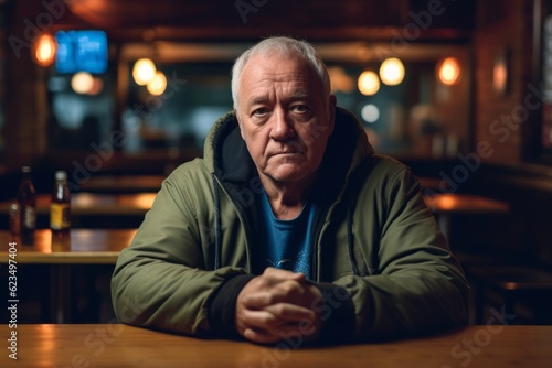 Photography in the style of pensive portraiture of a satisfied mature man wearing a comfortable hoodie against a lively pub background. With generative AI technology
