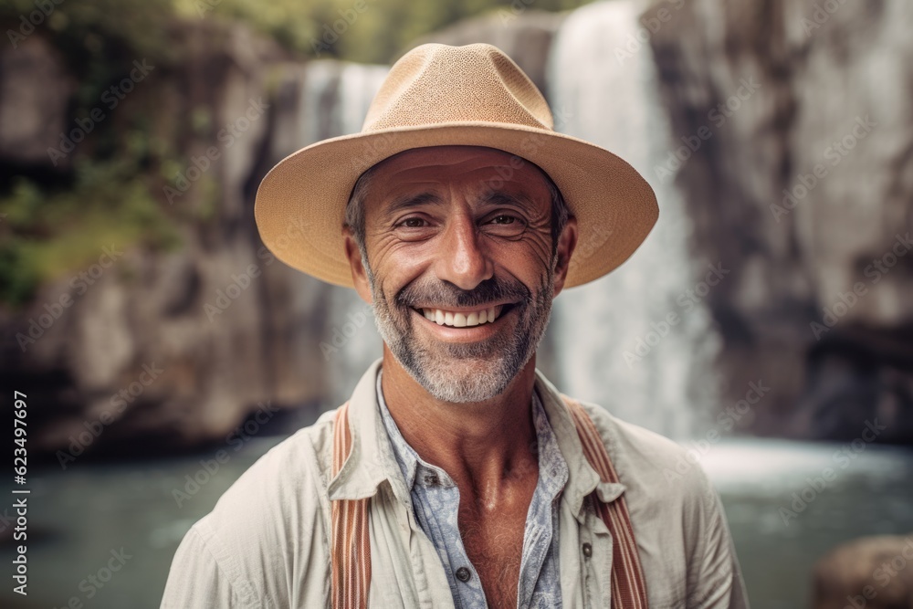 Lifestyle portrait photography of a satisfied mature man wearing a stylish sun hat against a picturesque waterfall background. With generative AI technology