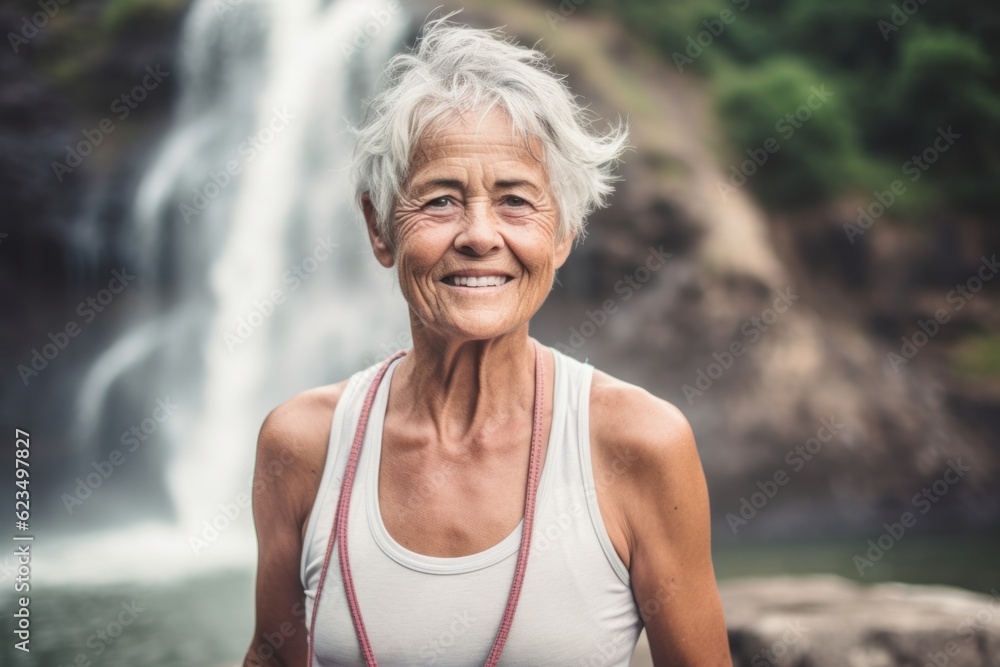 Sports portrait photography of a glad old woman wearing a stylish tank top against a picturesque waterfall background. With generative AI technology Sports portrait photography of a glad old woman wearing a stylish tank top against a picturesque waterfall background. With generative AI technology