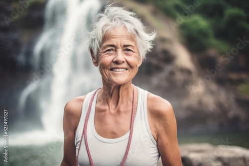Sports portrait photography of a glad old woman wearing a stylish tank top against a picturesque waterfall background. With generative AI technology