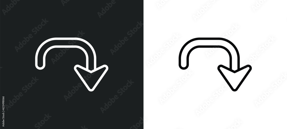 downward rotation icon isolated in white and black colors. downward ...