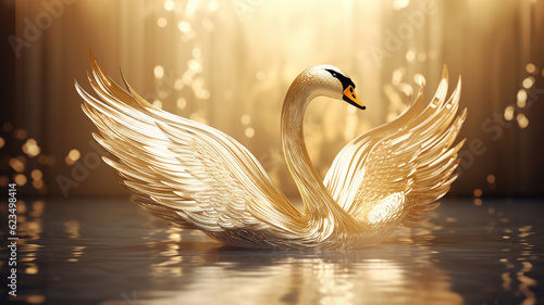 Fototapeta Naklejka Na Ścianę i Meble -  Golden swan birds in Thai literature look like a bird The body is a golden swan. spread beautiful wings. generative AI