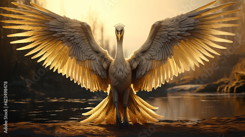 Fototapeta Naklejka Na Ścianę i Meble -  Golden swan birds in Thai literature look like a bird The body is a golden swan. spread beautiful wings. generative AI