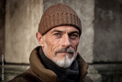 Headshot portrait photography of a tender mature man wearing a warm beanie or knit hat against a historic city wall background. With generative AI technology
