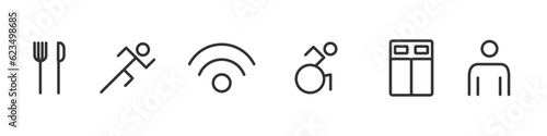 set of signs for accommodations activity wifi wheelchair friendly sleeping bed restaurant food   