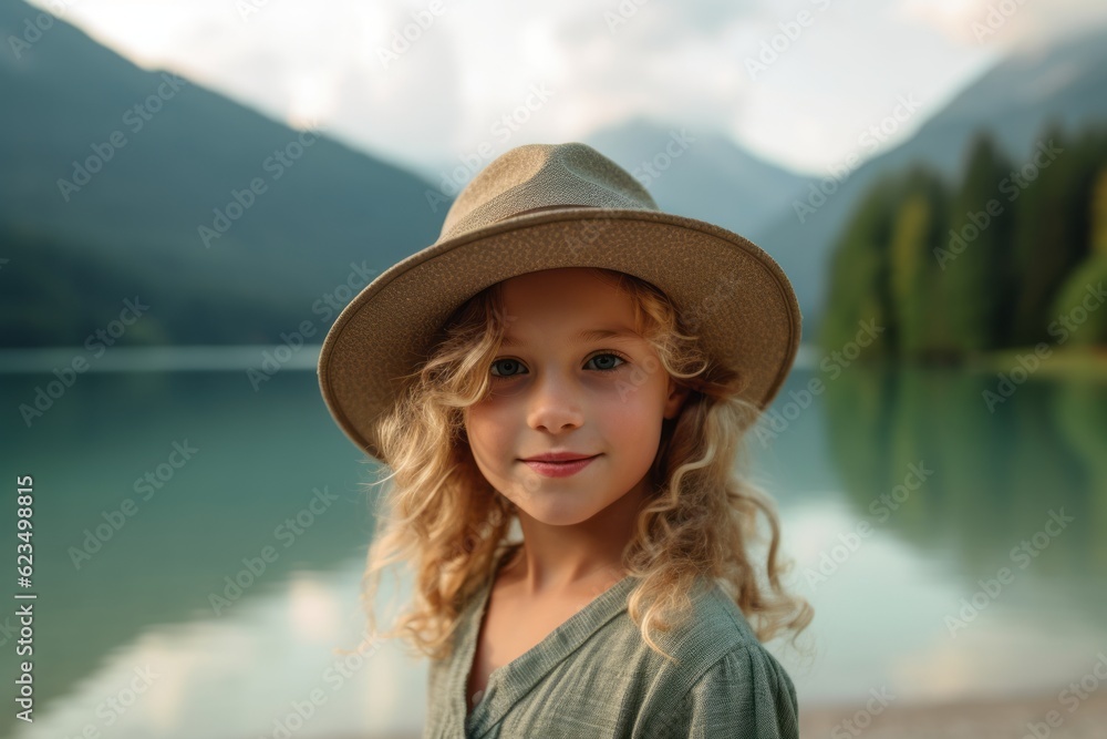 Eclectic portrait photography of a happy kid female wearing a stylish sun hat against a serene alpine lake background. With generative AI technology