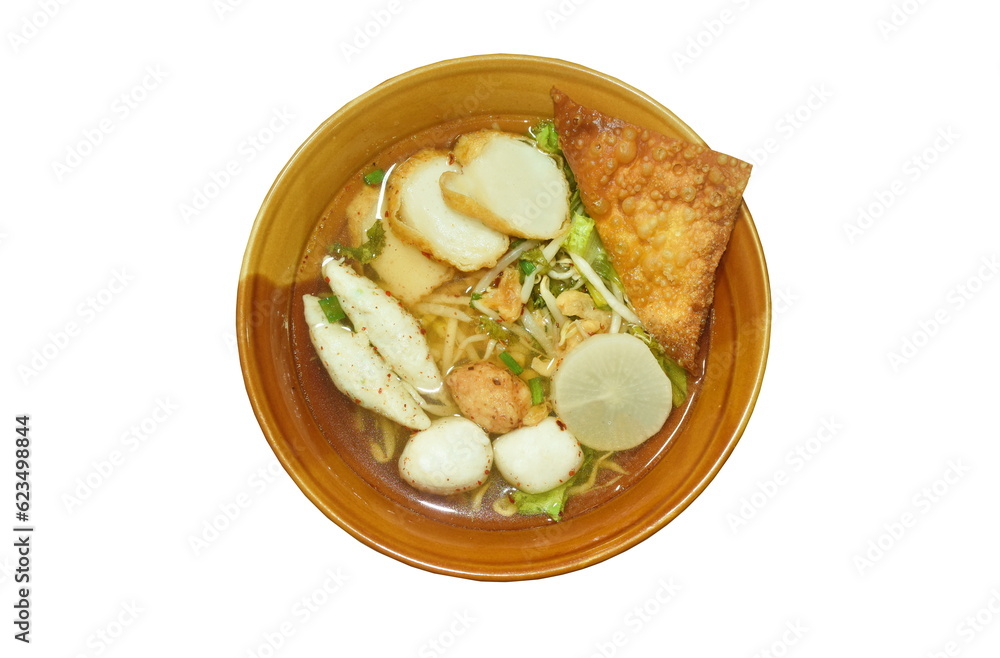 boiled meatball made fish and shrimp with bean sprout and lettuce in spicy soup on bowl isolated white background boiled meatball made fish and shrimp with bean sprout and lettuce in spicy soup on bowl isolated white background