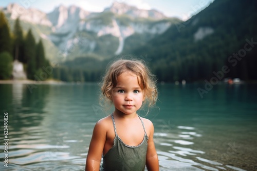 Environmental portrait photography of a tender kid female wearing a stylish swimsuit against a serene alpine lake background. With generative AI technology
