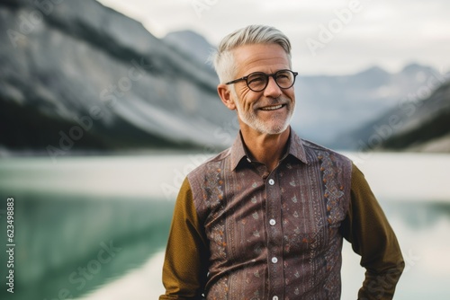 Eclectic portrait photography of a glad mature man wearing an elegant long-sleeve shirt against a serene alpine lake background. With generative AI technology