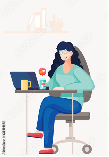 Smiling girl sitting with a laptop and working in the office. Woman at work is sick and taking medication. Container with pills. Office employee. Freelance. Woman catch a cold and is being treated