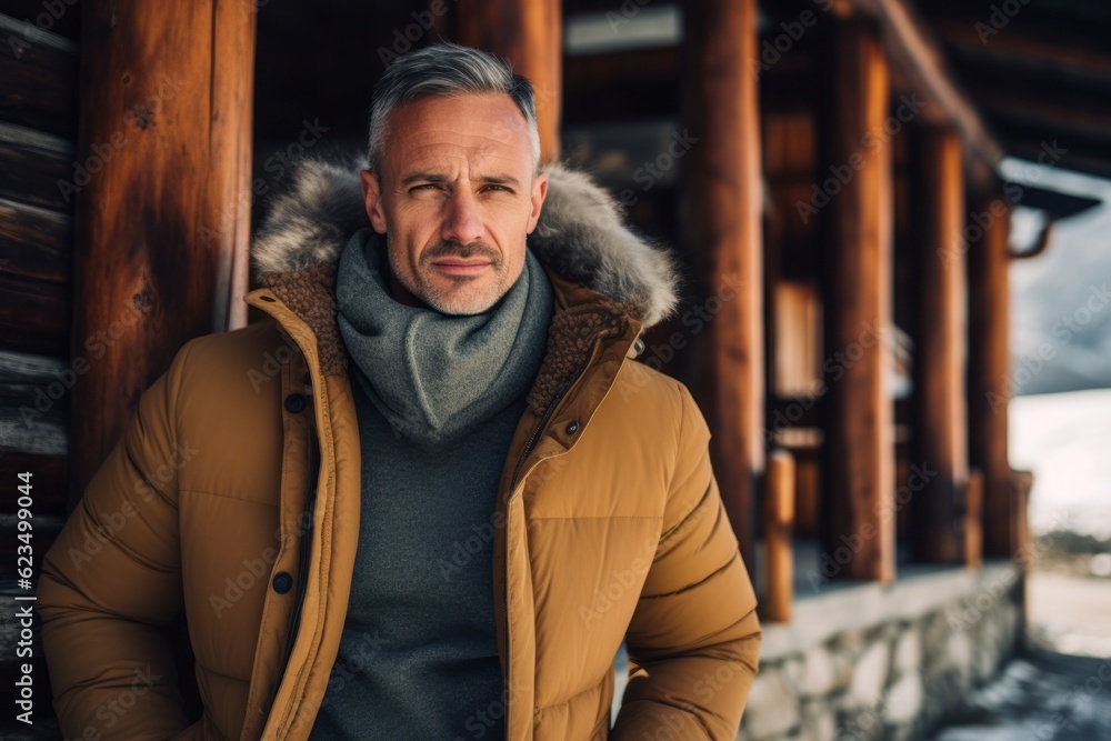 Urban fashion portrait photography of a tender mature man wearing a cozy winter coat against a picturesque mountain chalet background. With generative AI technology