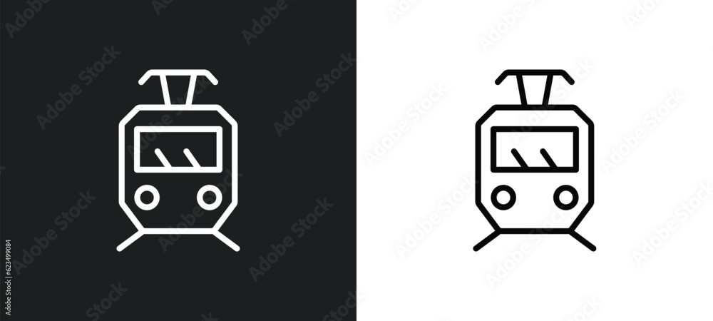 tram icon isolated in white and black colors. tram outline vector icon from transportation collection for web, mobile apps and ui. tram icon isolated in white and black colors. tram outline vector icon from transportation collection for web, mobile apps and ui.