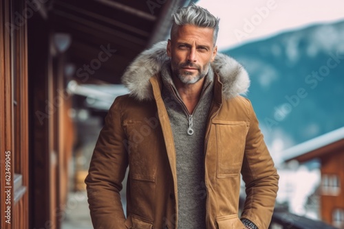 Urban fashion portrait photography of a tender mature man wearing a cozy winter coat against a picturesque mountain chalet background. With generative AI technology
