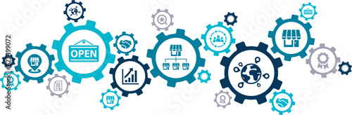 Company structure or organization / management vector illustration. Blue concept with icons related to franchise system, shop, commerce or retail, company network.