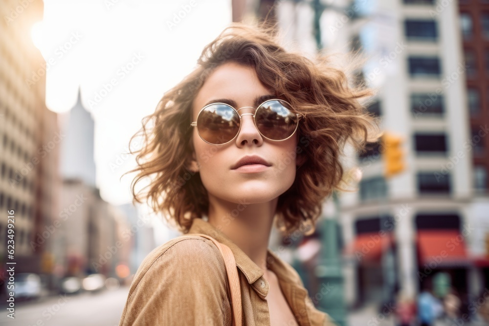 Photography in the style of pensive portraiture of a glad girl in her 30s wearing a trendy sunglasses against a lively downtown street background. With generative AI technology Photography in the style of pensive portraiture of a glad girl in her 30s wearing a trendy sunglasses against a lively downtown street background. With generative AI technology