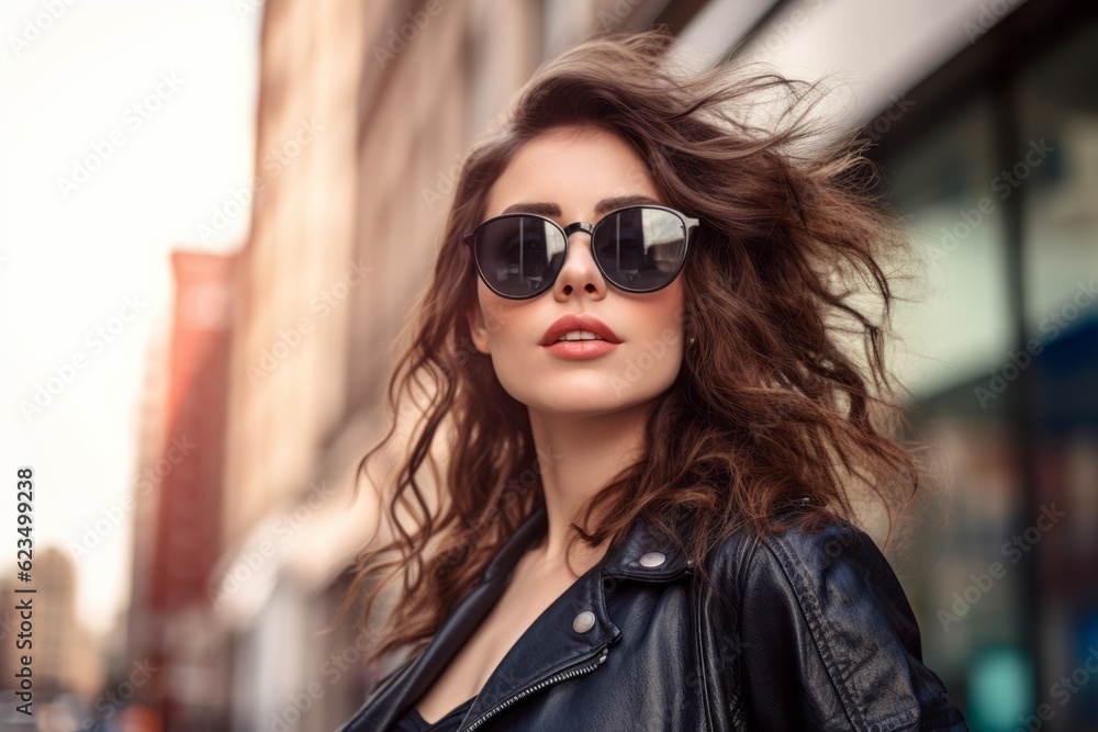 Photography in the style of pensive portraiture of a glad girl in her 30s wearing a trendy sunglasses against a lively downtown street background. With generative AI technology Photography in the style of pensive portraiture of a glad girl in her 30s wearing a trendy sunglasses against a lively downtown street background. With generative AI technology