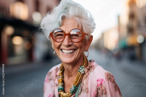 Medium shot portrait photography of a grinning old woman wearing a trendy sunglasses against a lively downtown street background. With generative AI technology