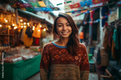 Wallpaper Mural Sports portrait photography of a satisfied girl in her 30s wearing a cozy sweater against a bustling outdoor bazaar background. With generative AI technology Torontodigital.ca