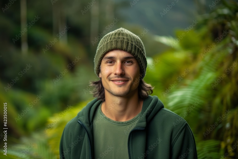 Three-quarter studio portrait photography of a glad boy in his 30s wearing a warm beanie or knit hat against a scenic tropical rainforest background. With generative AI technology Three-quarter studio portrait photography of a glad boy in his 30s wearing a warm beanie or knit hat against a scenic tropical rainforest background. With generative AI technology