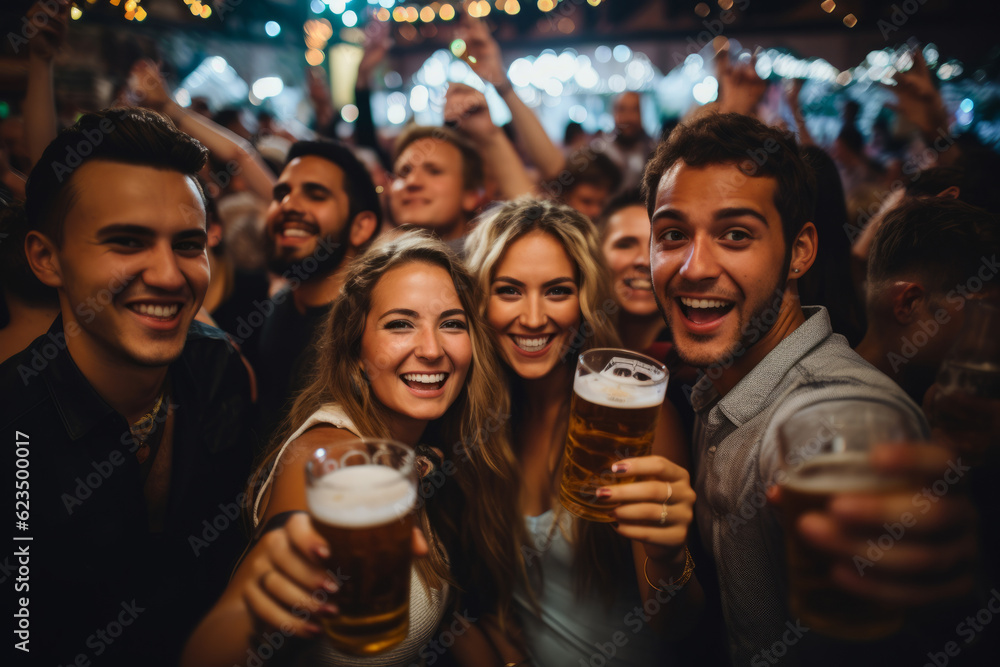 group of young friends hanging out and having drinks together at a bar