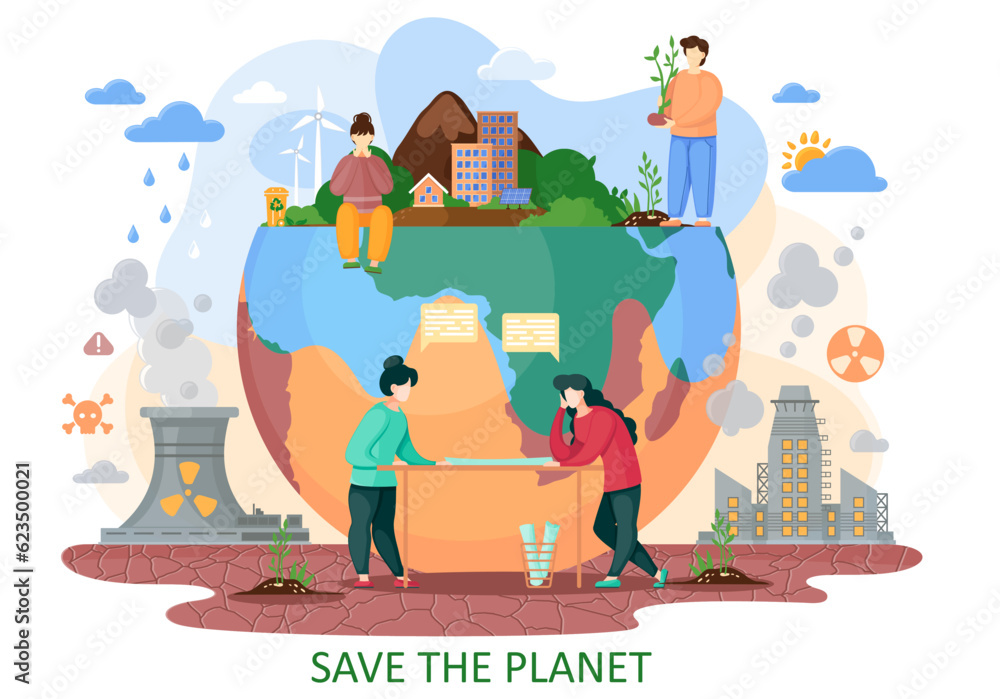 Fototapeta premium The planet Earth is suffers from human activity. Human bring to the nature explosions, deforestation, acid rains, radiation emissions, polluted air. Plan to save the planet from repercussion