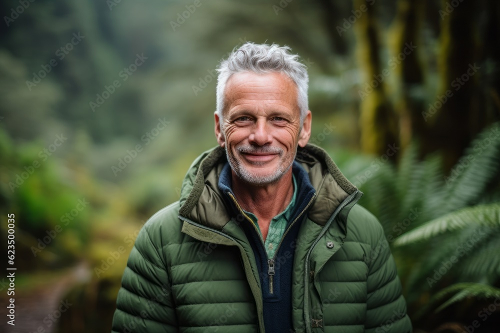 Headshot portrait photography of a happy mature man wearing a cozy winter coat against a scenic tropical rainforest background. With generative AI technology Headshot portrait photography of a happy mature man wearing a cozy winter coat against a scenic tropical rainforest background. With generative AI technology
