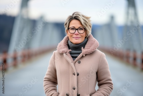 Sports portrait photography of a glad mature girl wearing a cozy winter coat against a picturesque bridge background. With generative AI technology