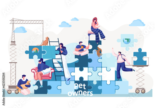 Pet owners men and women sitting on puzzle pyramid, communicate, take care of domestic animals cat and dog. People have fun and active time, play with pets. Flat vector illustration in blue colours