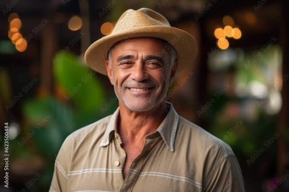 Medium shot portrait photography of a joyful mature man wearing a stylish sun hat against a peaceful zen garden background. With generative AI technology