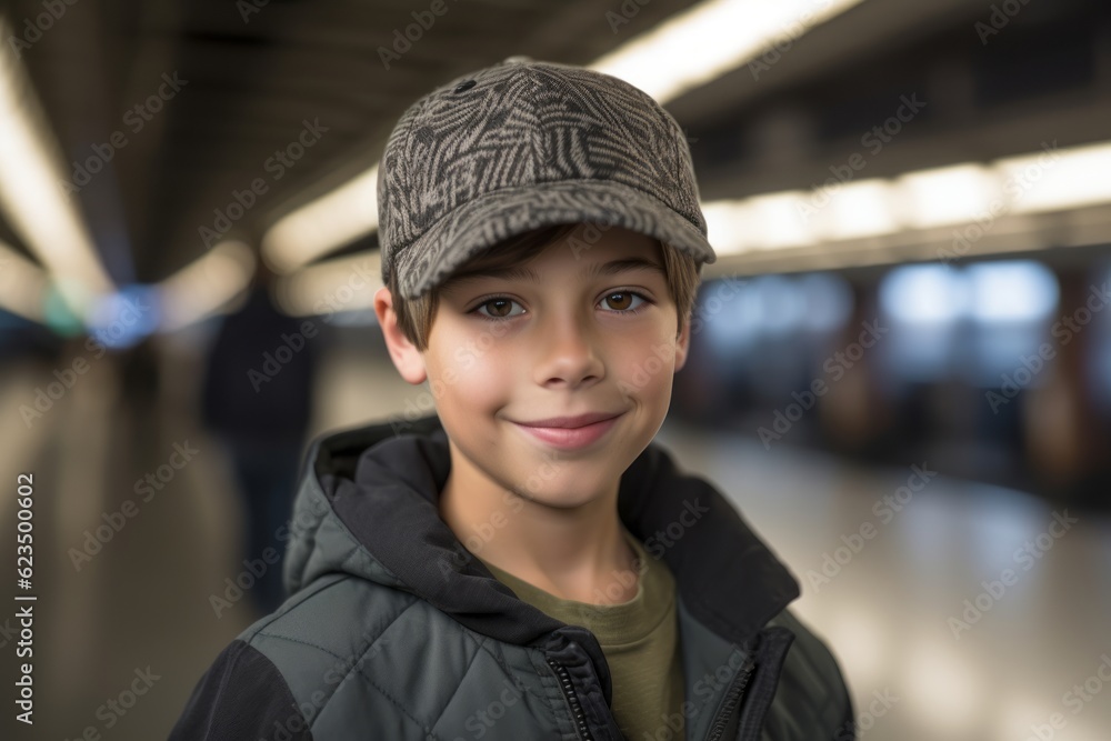 Φωτογραφία Lifestyle portrait photography of a satisfied kid male wearing a cool cap or hat against a bustling trainplatform background