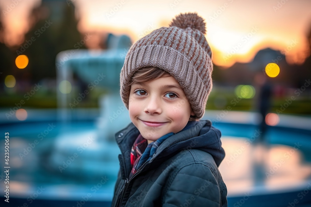 Urban fashion portrait photography of a satisfied kid male wearing a warm beanie or knit hat against a vibrant city fountain background. With generative AI technology Urban fashion portrait photography of a satisfied kid male wearing a warm beanie or knit hat against a vibrant city fountain background. With generative AI technology