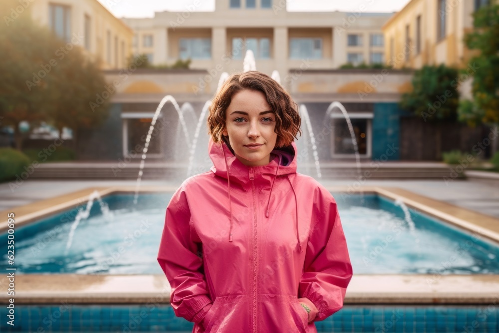 Φωτογραφία Studio portrait photography of a glad girl in her 30s wearing a comfortable tracksuit against a vibrant city fountain background