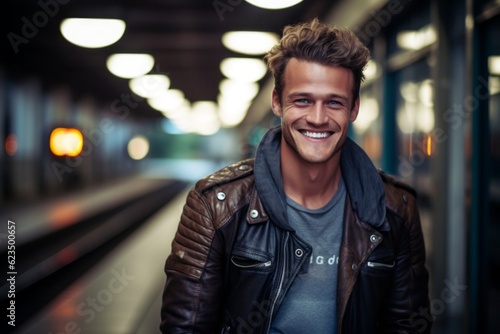 Conceptual portrait photography of a grinning mature boy wearing a trendy leather jacket against a bustling trainplatform background. With generative AI technology photo