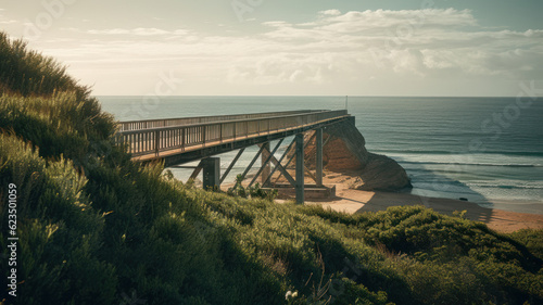 Empty bridge overlooking the sea. Generative AI
