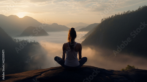 An ethereal view of a person practicing yoga on a misty mountaintop, connecting mind, body, and soul Generative AI